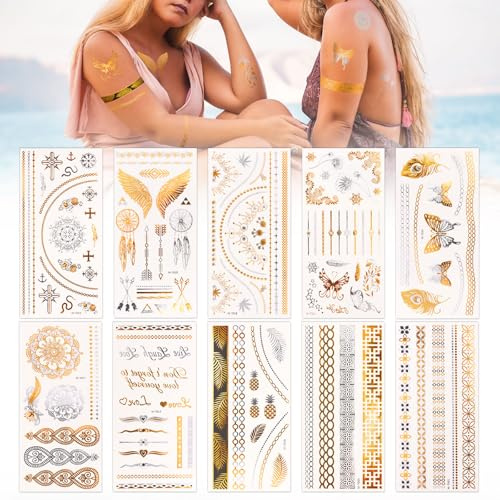 10 Feuilles Tatouage Temporaire Doré Argenté Faux Tatouage Ephémère Etanche Cadeau pour Femme Fille
