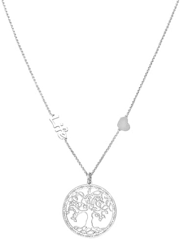 VLNET Amen collana girocollo albero della vita, cuore e scritta life in argento 925.Unisex Lunghezza 40+4 cm