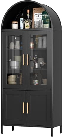 SUPEER Vitrine aus Metall Sideboard Standschrank mit Bogendach | mit 2 Glasstür und 2 Die Metalltür, Glasvitrine Schrank für Wohnzimmer Schlafzimmer, 185x80x40 cm,schwarz