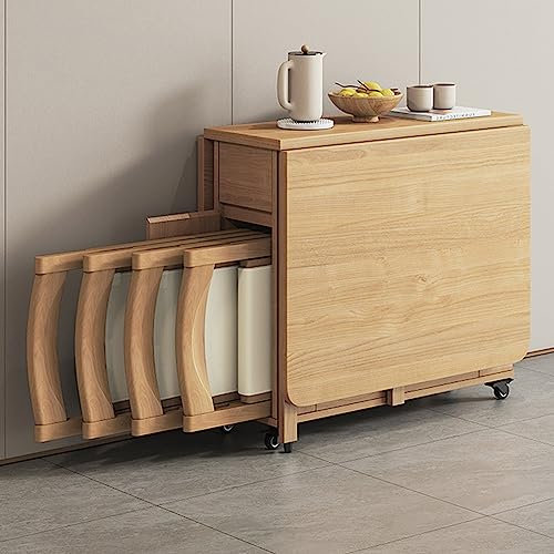 Massivholz Esstisch Set mit Drop Leaf und 4 Stühlen Ausziehtisch für Küche Esszimmer Wohnzimmer 1,4m Beige