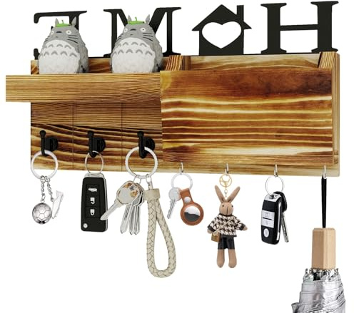 M.J COMFY-LIFE Wooden Key Holder for Wall with Mail Sorter – Key Hooks Wall Mounted, Rustic Entryway Key Rack with 7 Hooks, Home & Office Storage Organizer for Keys, Wallets, Dog Leash
