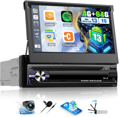 OiLiehu 4G+64G Android 13 Autoradio 1 Din avec CarPlay Android Auto sans Fil, 7“ IPS Rétractable Manuellement Écran Tactile, avec GPS WiFi Lien Miroir Bluetooth FM/RDS EQ USB TF SWC Caméra Arrière