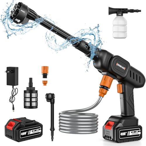 Nettoyeur haute pression à piles 6 en 1 40 bar, nettoyeur haute pression de 21 V 30000 U/min, nettoyeur haute pression portable avec batteries, nettoyeur haute pression de 10 l/min, nettoyeur haute
