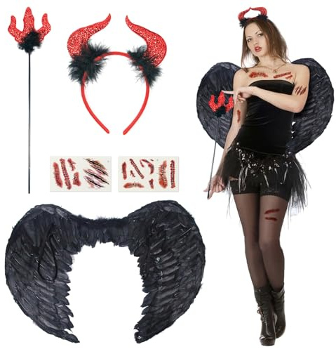 Satar Refes 5PCS Devil Costume Women, Fallen Angel Costume Black Angels Wings Devil Horns Fork Dark Angel Halloween Costumes for Halloween Cosplay Carnival Theme Party