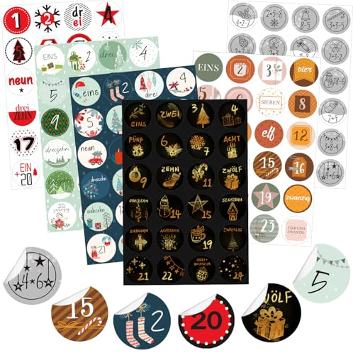 KOHMUI Adventskalender Zahlen Aufkleber, 6 x 24 Advents Zahlenaufkleber für Weihnachtskalender zum selber basteln und Verzieren, Adventszahlen Stickers