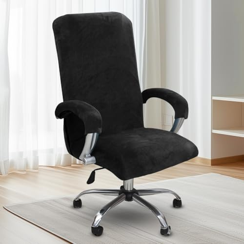 Samt Bürostuhl Bezug mit Armlehne - Waschbar Stretch Stuhlhussen, Abnehmbare für Bürostuhl Stuhlhussen Bezug, Hohe Lehne Bürostuhl Sitzbezug für Gaming Stuhl,Computer Stuhl,Drehstuhl (Schwarz,Large)