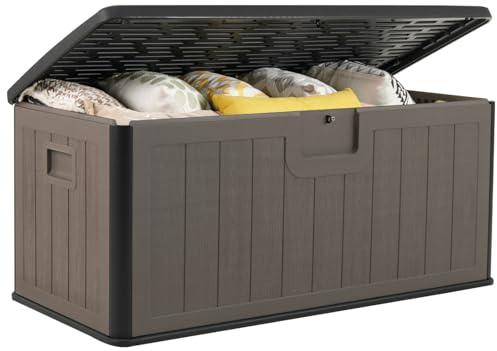 TANGZON 380L Garden Storage Box, Outdoor Weather Resistant Deck Box with Handles & Lockable Lid, Wood Effect Patio Storage Chest Container for Cushions Pillows Pool Supplies Tools (Black + Brown)