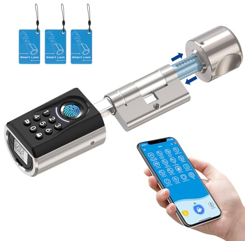 RUILON Serrure biometrique porte d'entree - IP65 Serrure à code et à empreinte digitale avec 3 cartes RFID, Cylindre connecté facile à installer, Convient aux portes d'une épaisseur de 30 à 70 mm U51