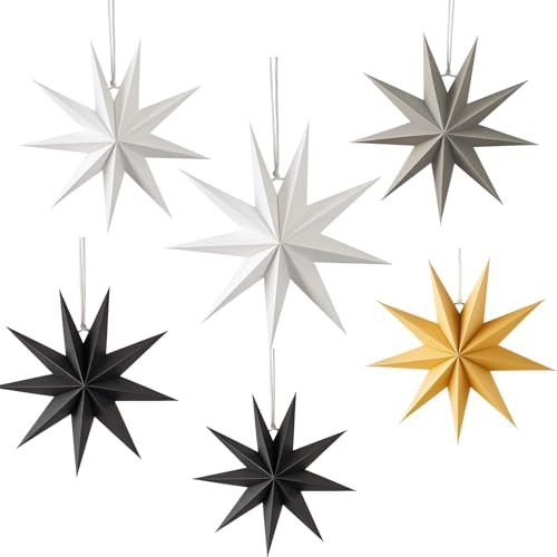 6 Stück Faltstern Weihnachten Papiersterne 9 Zacken 3D zur Dekoration von Fenster Weihnachtsbaum Advent Weihnachtsdekoration,1 x Φ45, 4 x Φ30, 1 x Φ25 cm (Schwarz, Weiß, Grau，Gold)
