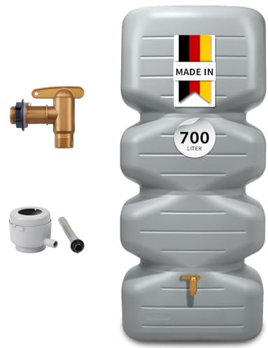 GARANTIA CUBUS Rain Barrel Complete Set 700 L Concrete Grey - Garden Tank with Outlet Tap + Downpipe Connection - Decorative Wall Tank/Water Tank for Garden - Frost-proof Rainwater Tank/Rainwater