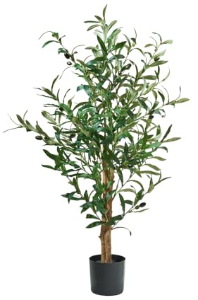 MB Muebles Bonitos, Olivo Artificial con Tronco Natural y Maceta Negra, Planta Decorativa Realista para Interior, Hojas de PE con Olivas, Altura 100 cm, Decoración Hogar y Oficina