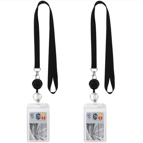 2 Pack Cruise Lanyard with ID Card Holder, Retractable Reel Double-Sided Waterproof Clear Badge Holder, Black Vertical Lanyard for Cruise Ships Cards & ID