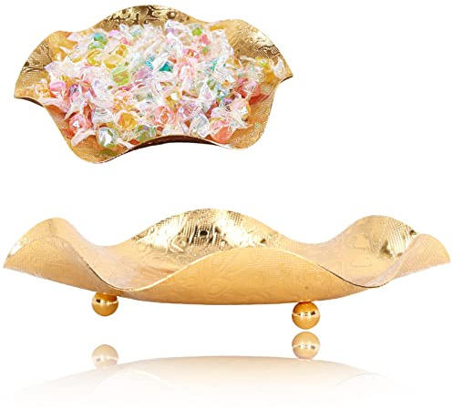Tomedny 2 fruteros dorados, cuenco de metal galvanizado a mano, bandeja decorativa de frutas de metal de 7,8 pulgadas, bandeja de dulces con borde curvado para bocadillos de verduras