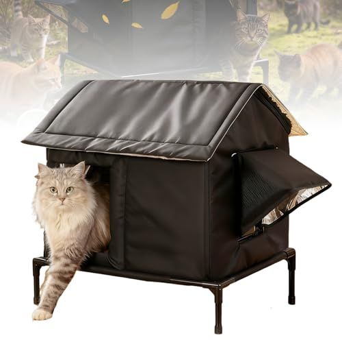 Katzenhaus Outdoor Winterfest, Katzenhaus für Draußen mit Heizkissen, Wasserdicht & Isoliert, Erhöhtes Design, Inkl. Herausnehmbarem Heizkissen, Winterfeste Unterkunft für Mehrere Katzen 56*54*47cm