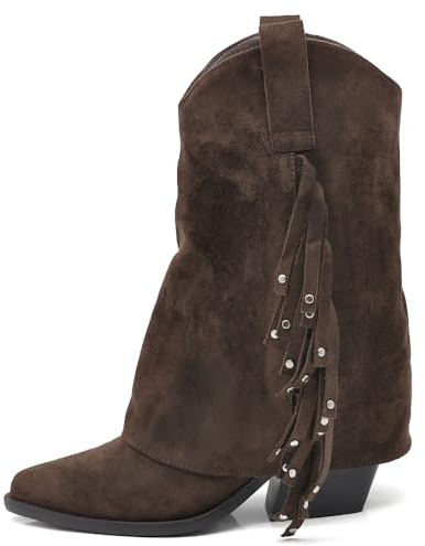 IF Stivali Texani Donna Western Boho, Ghetta con Frange e Borchie, Camoscio Sintetico Vegano, Punta Affusolata, Tacco Medio GA058 marrone N.37