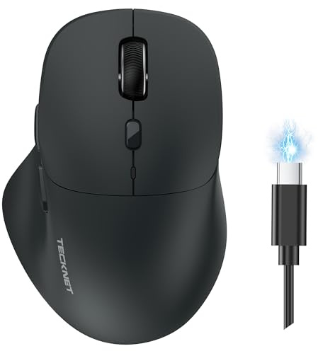 TECKNET Souris sans Fil Rechargeable, Silencieuse Bluetooth 5.0 + 2,4 GHz | Souris Ergonomique 4800 DPI Réglable sur 6 Niveaux, Compatible avec Windows, Android, macOS, Gris
