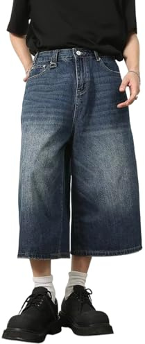 PADOLA Jeans Uomo a 3/4 Baggy Gamba Larga Pantaloni Cropped Denim Lavaggio Vintage Streetwear