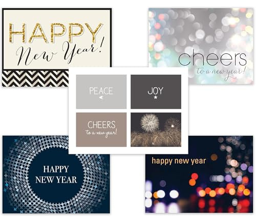 Happy New Years Cards with Silver Foil Envelopes for Business & Family (25 Pack - Variety) Bulk Greeting Card 2026 New Year Set (5x7 inch) Office, Work Employees & Clients (VP1506) Made in USA