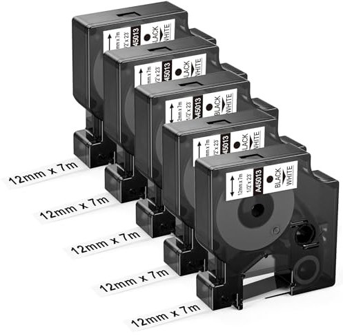 5x Upwinning 45013 12mmx7m Black White Labelmanager 160 210D 280 360D 640 CB Etikettenband 12mm Kompatibel mit Dymo D1 12mm Schwarz auf Weiß S0720530s als Ersatz für Dymo Etikettenband A45013