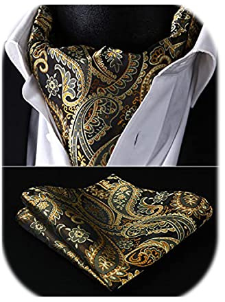 HISDERN Ascot marrone dorato Uomo Floreale Paisley Fazzoletto Seta Cravatta da Sposa Elegante Foulard Business Partito Classico Ascots e Pochette Set