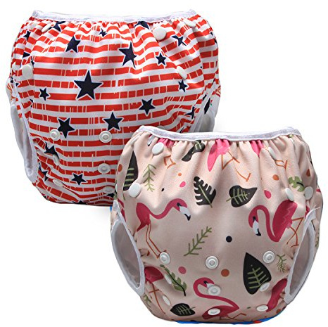 Luxja Badblöjor, baby 2 st baddräkt, tvättbar, återanvändbar, justerbar, för barn 0–3 år, skog flamingo + röda stjärnor