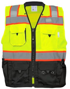 GGS High Visibility Safety Vest - Lightweight Yet Durable, Reflective Tape, 9 Pockets - Construction, Transportation, Running/Biking, Hunting, Yellow/Green & Black, XL