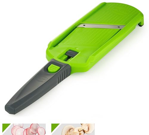 Börner Multi Slicer - Cortador de Verduras • Mandolina para cortar Rodajas en 2 Grosores • Mini Rallador de Frutas y Verduras • Rebanador Compacto Ajustable • Color: Verde con Mango Gris