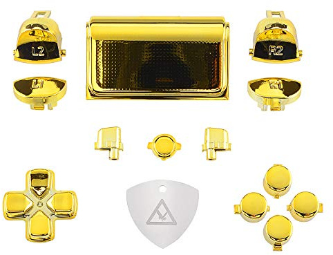 eXtremeRate Ersatz Knöpfe für ps4 Controller JDM-040/050/055, Glossy DIY-Tasten Set D-Pad/R1 L1 R2 L2 Triggers/Touchpad/ps/Share/Option Buttons & Werkzeug für ps4 CUH-ZCT2 Controller-Chrome Gold