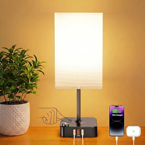 ALACOO Bedside Table Lamp with 3 USB Charging Ports, Small Table Lamp for Bedroom, 3000K LED Reading Light, Linen Shade, Side Lamp for Guest Room, Nursery & Living Room, Energy Class
