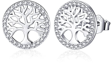 Jrêveinfini Livets träd-örhängen, kvinnor, flickor, sterlingsilver 925 med kubisk zirkonia, allergivänliga örhängen för mors dag, födelsedag, med presentask, diameter 12 mm, Sterlingsilver, Kubisk zirkonia