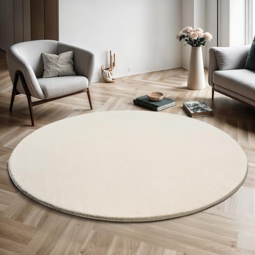 the carpet Relax Moderner Flauschiger Kurzflor Teppich, Anti-Rutsch Unterseite, Waschbar bis 30 Grad, Super Soft, Felloptik, Creme, 120 cm Rund