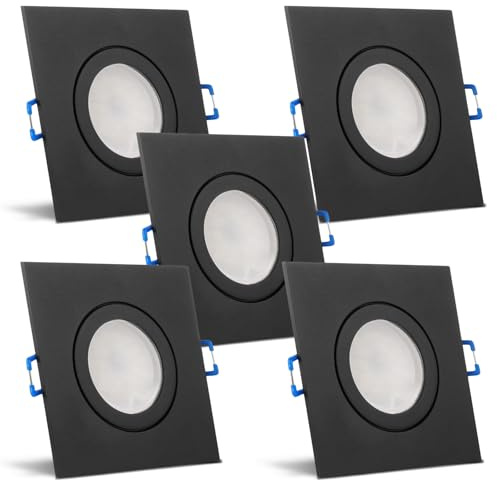 trendlights24 Mare LED Decken Einbaustrahler IP44 flach dimmbar 5W 5er Set | Schwarz, eckig, ultra flach, Einbautiefe 35 mm, 230V, LED Spots, Warmweiß, 3000k, austauschbar, Feuchtraum, Bad, außen