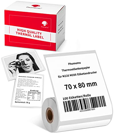 Phomemo M220 Carta Termica Per Stampante Per Etichette M220 M250 M221 M421 Etichetta Autoadesiva Multifunzione, Per Ufficio, Etichette Indirizzi, 70x80 mm, 100 Etichette/Rotolo