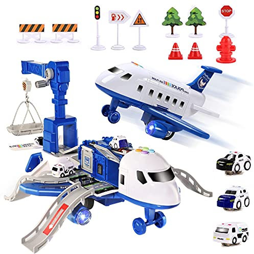 ISAKEN Transport Flugzeug Spielset, Kinder Fahrzeuge Lernspielzeug Spielzeugauto Set, Jungen Fahrzeug Spielzeug Set mit Mini Autos Spielzeug Verkehrszeichen Kleinkind Spielzeug Geschenke für Kinder