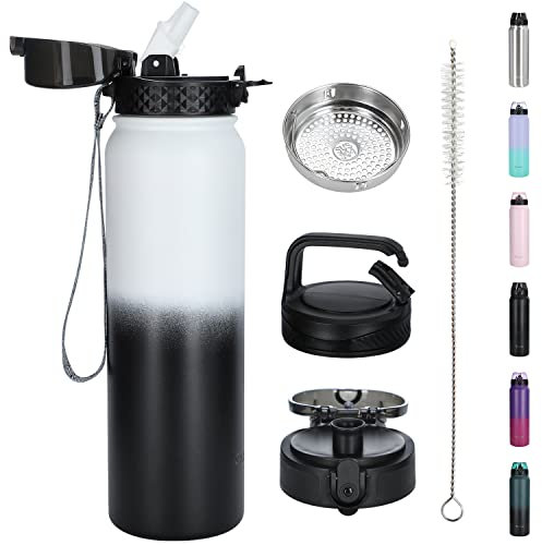 OLDLEY Gourde en Acier Inoxydable 1L avec Paille - Isotherme et Étanche - Garde Boissons Chaudes/Froides - Idéale pour Vélo, Camping, Sport - 3 Couvercles