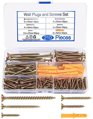 210 Pcs Wood Screws Assortment Set, Self Tapping Countersunk Self Drilling Cross Flat Head Brass Zinc Screws for Wood, with 20 Pcs M6 Screw Anchors