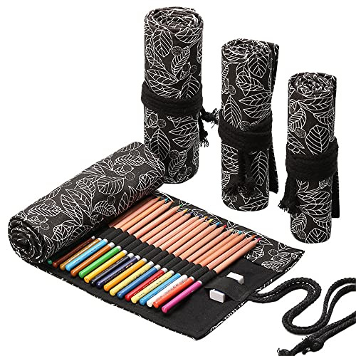 DIYOMR Estuche con 24/36/72 Ranuras para lápices de Colores artísticos, Estuche Enrollable para Pinceles Cortos, Dibujo, Colorear y Organizador de bocetos, Hojas Negras, 72slots, Envoltura para