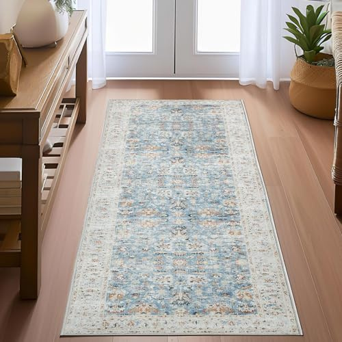 TOPICK Tapis Cuisine Long 60x210 Antidérapant Couloir Bleu Vintage Lavable en Machine Descente de Lit Passage Décoration Chambre Escalier Balcon Camping Car
