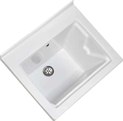 LAVATOIO PILOZZO RENO CERAMICA 60 x 50 TUTTA VASCA PER TOP O MOBILE DA INCASSO O INSTALLAZIONE CON STAFFE ANCHE IN ESTERNO INCLUSO DI PILETTA IN ACCIAIO E SIFONE (NO Foro Rubinetteria Parete)