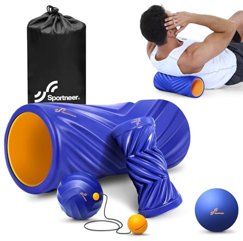 Sportneer 4 in 1 Foam Set, Muscle Relax Kit with 2 Textured Foam Pilates Rollers, Stringed Exercise Ball, Lacrosse Ball for Muscle Shoulder Back Leg Whole Body Relax Fitness Yoga, Blue