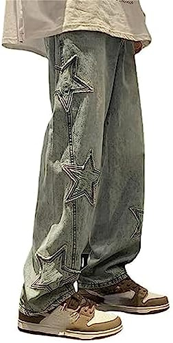 MuziZy Jean baggy vintage étoile patchwork Y2K pour femme - Taille haute - Jambe droite - Pantalon Emo Grunge avec poches, bleu, S