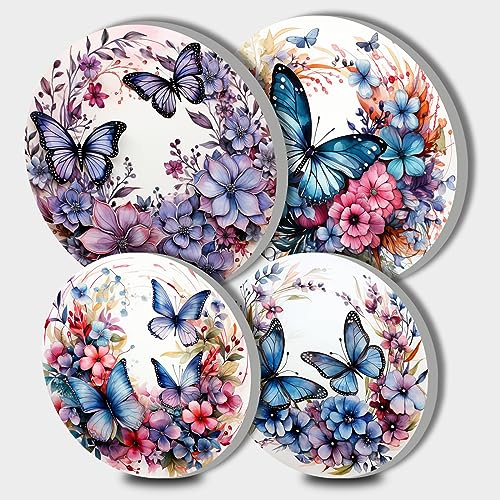 Blaue Schmetterlings-Abdeckung für Elektroherd, runde Metallherdabdeckungen, Set mit 4 schönen Brennerabdeckungen, violette Blumen, Herdabdeckplatten für Elektroherd, dekorative Küchendekoration