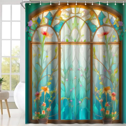PAEOT Buntglas-Duschvorhang mit Blumenmuster, blaugrün, Frühlingsblume, botanische Pflanzen, Pflanze, Blume, Duschvorhänge, 183 x 183 cm, waschbarer Stoff, mittelalterlicher Kirchenstil, Fenster