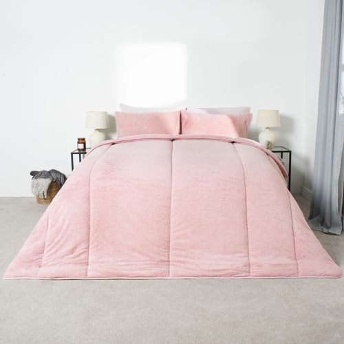 OHS 10.5 Tog Coverless Duvet King Size Teddy Fleece, Pink Coverless Duvet Set with Pillowcases Winter Fluffy Bedding Quilt Covers King Coverless Duvet