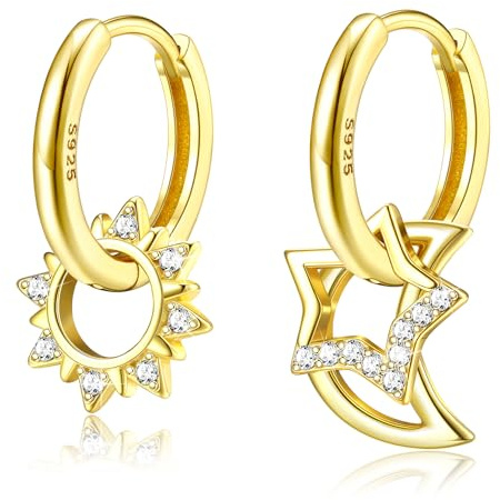 Adramata Boucle d'Oreille Argent 925 – Boucle d'Oreille Enfant Fille, CZ Boucle d Oreille Etoile et Lune, Cartilage Huggie Piercing Oreille Hypoallergéniques Boucles d'Oreilles Pendantes Femme,Sun-G