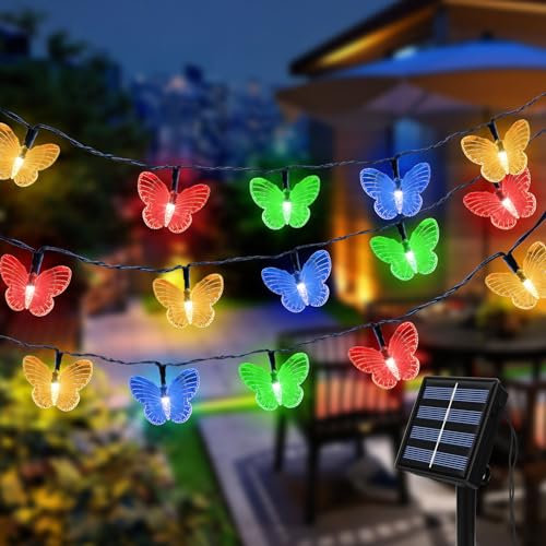 Fohil Guirlande Lumineuse Solaire Exterieur 5M 20LED, 8 Modes Étanche Multicolore Papillons Lampe Décorative pour Jardin Terrasse Balcon Arbres Noël Décoration