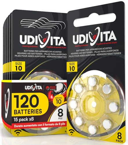 120 Pile Udivita per Apparecchi Acustici Misura 10 PR70 (Gialle - Zinco Aria) con Phono Pulse Technology - 15 Blister da 8 Batterie