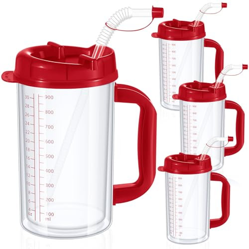 Kritkin 4 tazas de agua de hospital de 32 onzas con popote y tapa, aisladas, de doble pared, con asa y pajita, botella de agua de plástico para ancianos, jarra de hospital aislada (rojo)