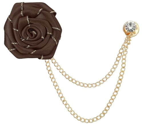 QUARKZMAN Bräutigam Broschen Rosenblume Größe 1,77 Zoll Reversnadel Braun | 1 Stück, Stofflegierung, mit Quastenkette/Anzugniete/Goldbesatz, für Hochzeitsmänneranzug Accessoires