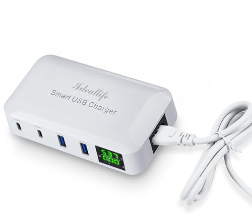 Ideallife 70W 12A 4-Port USB Charging Station - 20W PD and QC3.0 Multi Port USB C Charger Hub With LCD Display for iPhone, iPad, Samsung, Huawei and More